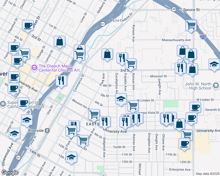 map of restaurants, bars, coffee shops, grocery stores, and more near 3420 Comer Avenue in Riverside
