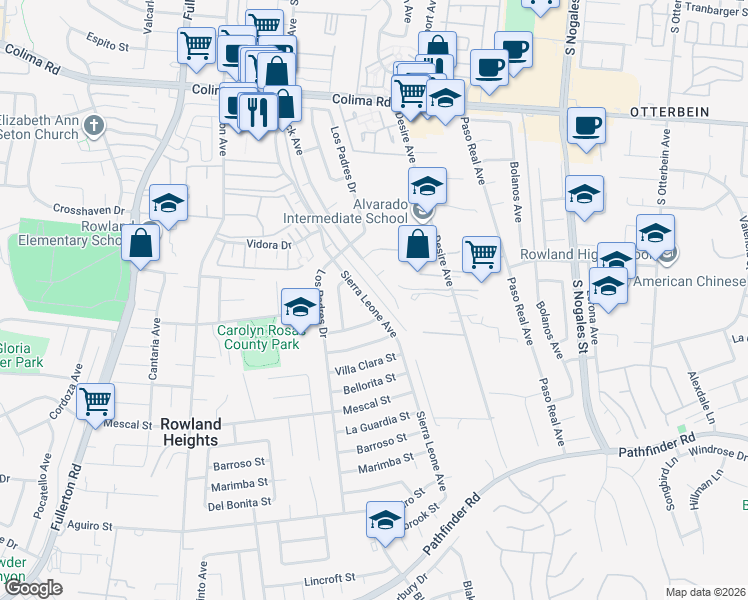 map of restaurants, bars, coffee shops, grocery stores, and more near 2202 Sierra Leone Avenue in Rowland Heights