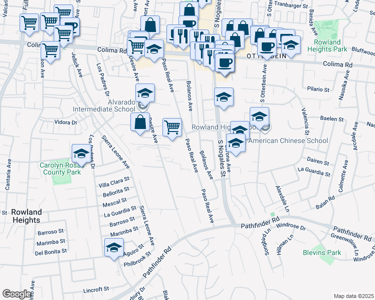 map of restaurants, bars, coffee shops, grocery stores, and more near 2037 Paso Real Avenue in Rowland Heights