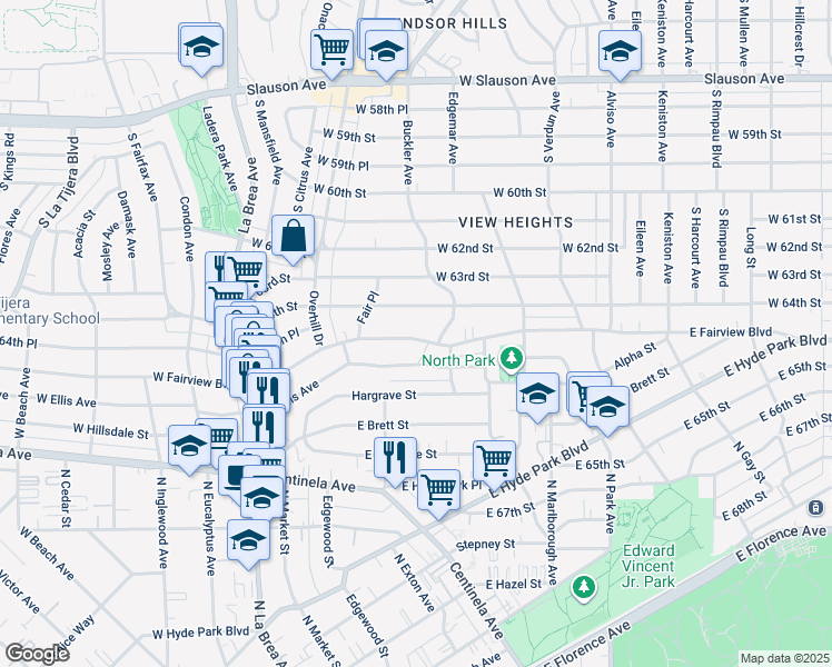 map of restaurants, bars, coffee shops, grocery stores, and more near 525 East Fairview Boulevard in Inglewood