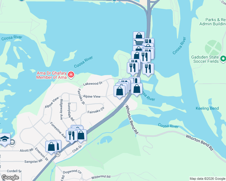 map of restaurants, bars, coffee shops, grocery stores, and more near 109 Alpine Place in Gadsden