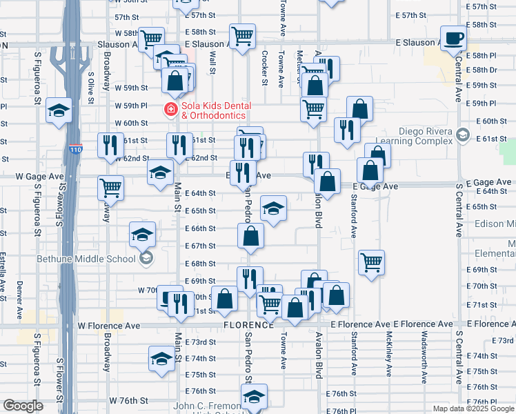 map of restaurants, bars, coffee shops, grocery stores, and more near 317 East 65th Street in Los Angeles