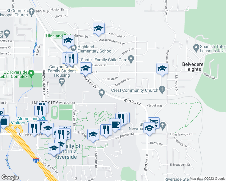 map of restaurants, bars, coffee shops, grocery stores, and more near 434 West Campus View Drive in Riverside