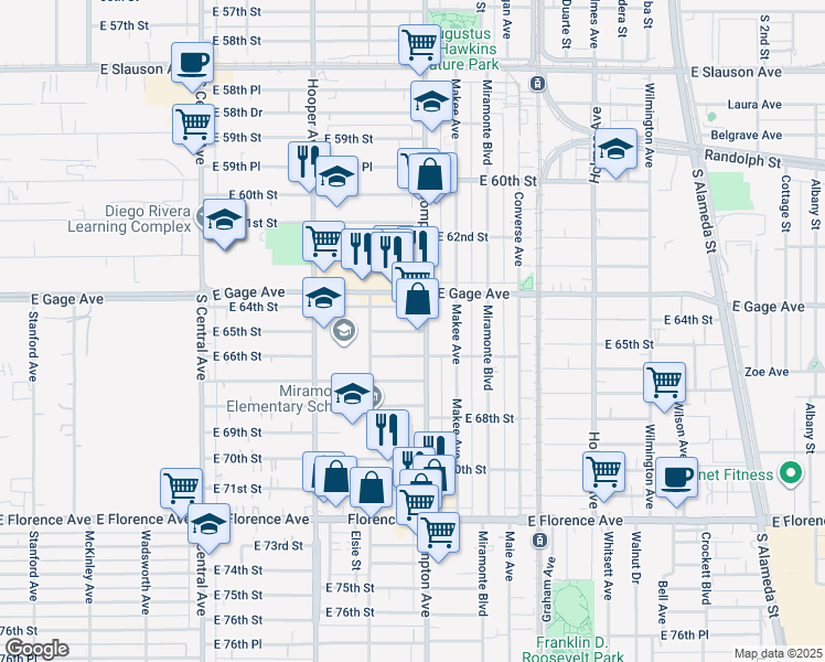 map of restaurants, bars, coffee shops, grocery stores, and more near 1437 East 65th Street in Los Angeles