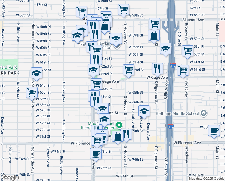 map of restaurants, bars, coffee shops, grocery stores, and more near 854 West 64th Street in Los Angeles