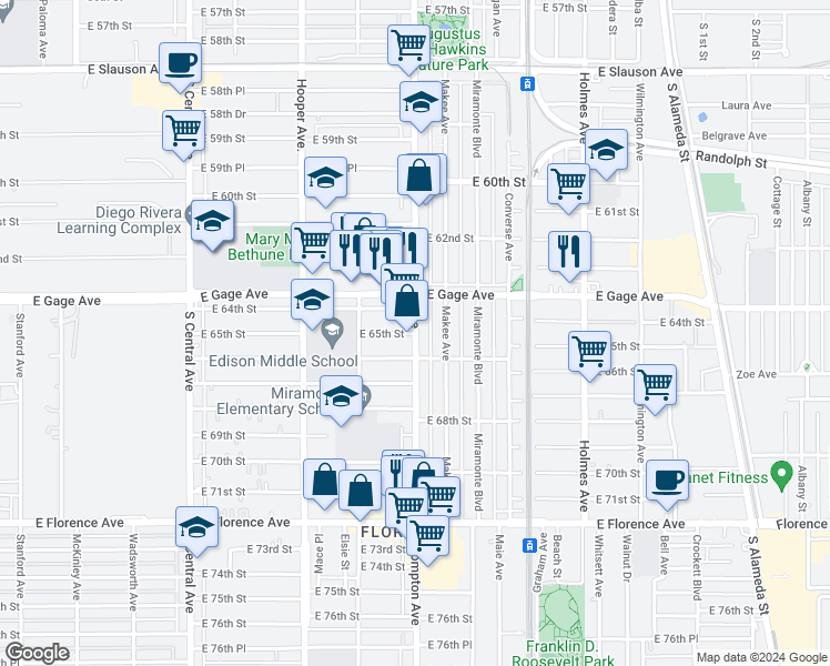map of restaurants, bars, coffee shops, grocery stores, and more near East 65th Street in Los Angeles