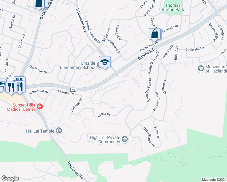 map of restaurants, bars, coffee shops, grocery stores, and more near 2938 Sierra Crest Way in Hacienda Heights