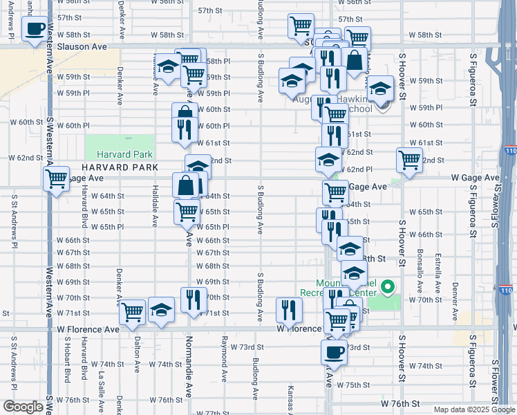 map of restaurants, bars, coffee shops, grocery stores, and more near 1201 West 65th Street in Los Angeles