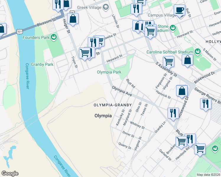 map of restaurants, bars, coffee shops, grocery stores, and more near 299 Delaware Street in Columbia