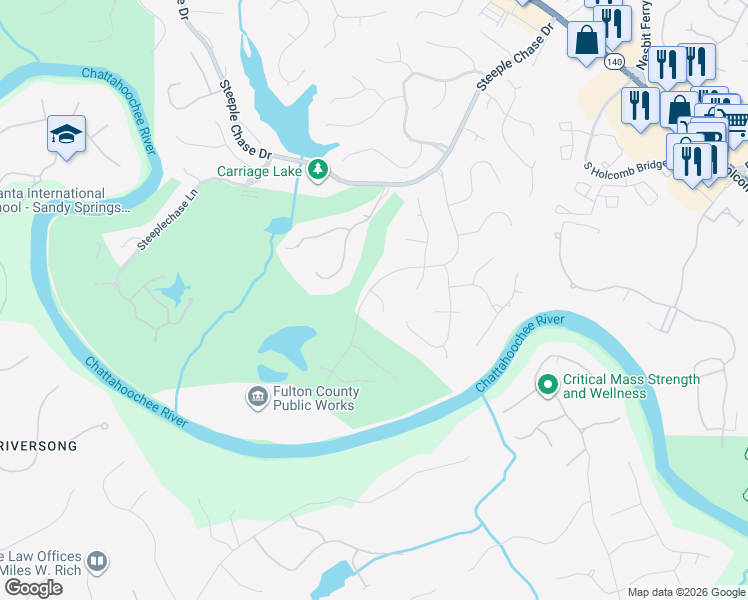 map of restaurants, bars, coffee shops, grocery stores, and more near 215 Back Tee Ct in Roswell