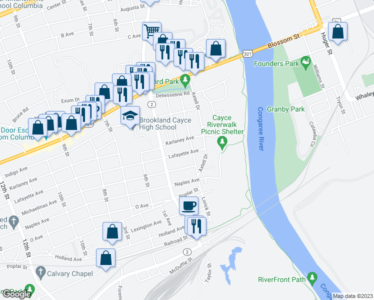 map of restaurants, bars, coffee shops, grocery stores, and more near 408 Lafayette Avenue in Cayce