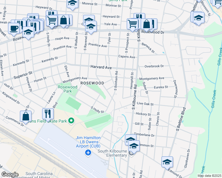 map of restaurants, bars, coffee shops, grocery stores, and more near 3414 Lanier Avenue in Columbia