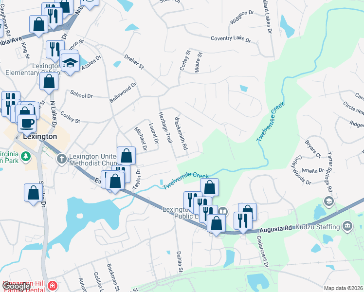 map of restaurants, bars, coffee shops, grocery stores, and more near 212 Blacksmith Road in Lexington