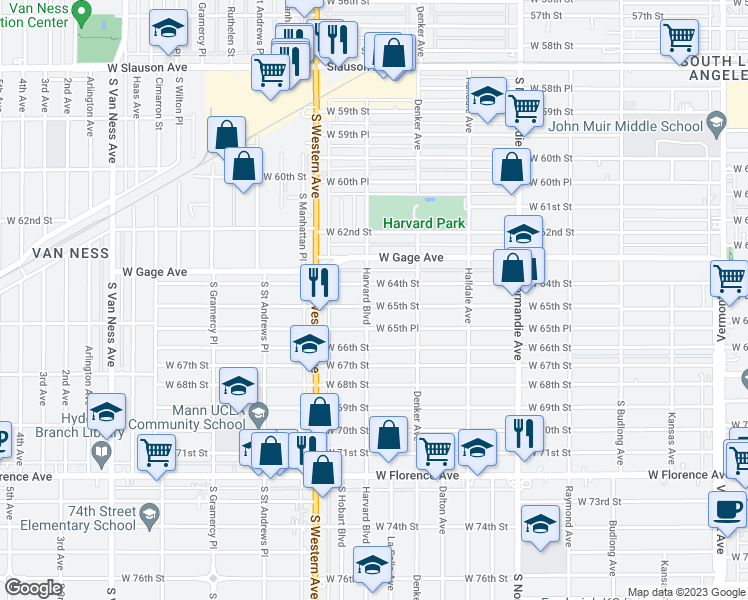 map of restaurants, bars, coffee shops, grocery stores, and more near 1655 West 65th Street in Los Angeles