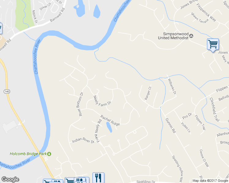 map of restaurants, bars, coffee shops, grocery stores, and more near 6000 Neely Farm Drive in Norcross