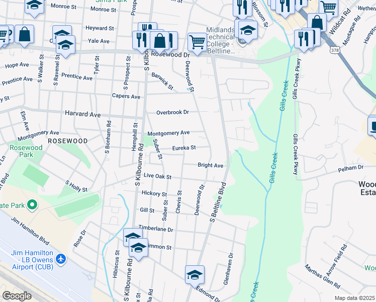 map of restaurants, bars, coffee shops, grocery stores, and more near 3906 Eureka Street in Columbia