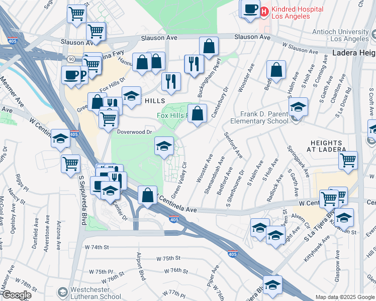 map of restaurants, bars, coffee shops, grocery stores, and more near 6300 Green Valley Circle in Culver City