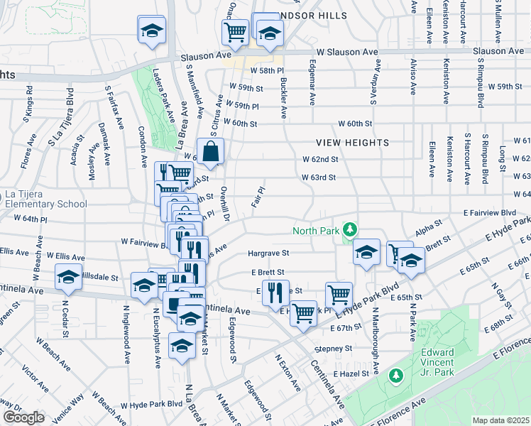 map of restaurants, bars, coffee shops, grocery stores, and more near 413 East Fairview Boulevard in Inglewood