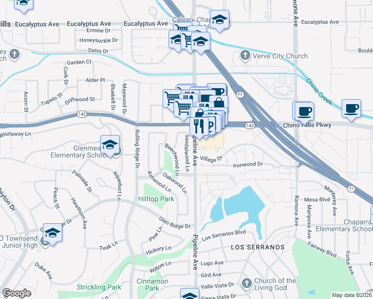 map of restaurants, bars, coffee shops, grocery stores, and more near 15010 Sandalwood Lane in Chino Hills