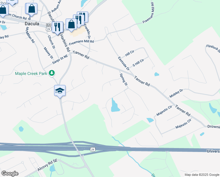 map of restaurants, bars, coffee shops, grocery stores, and more near 605 Elvina Court in Dacula