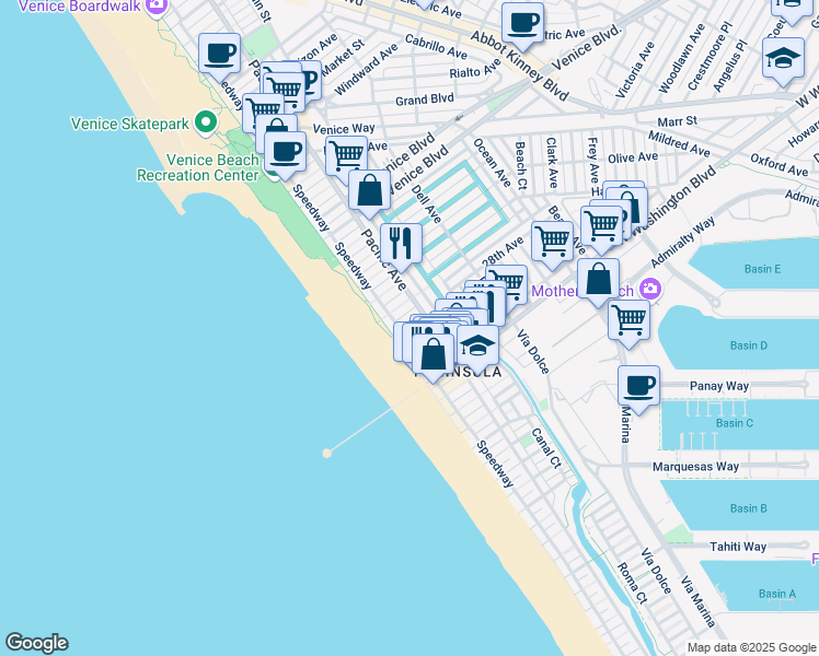 map of restaurants, bars, coffee shops, grocery stores, and more near 20 28th Avenue in Los Angeles