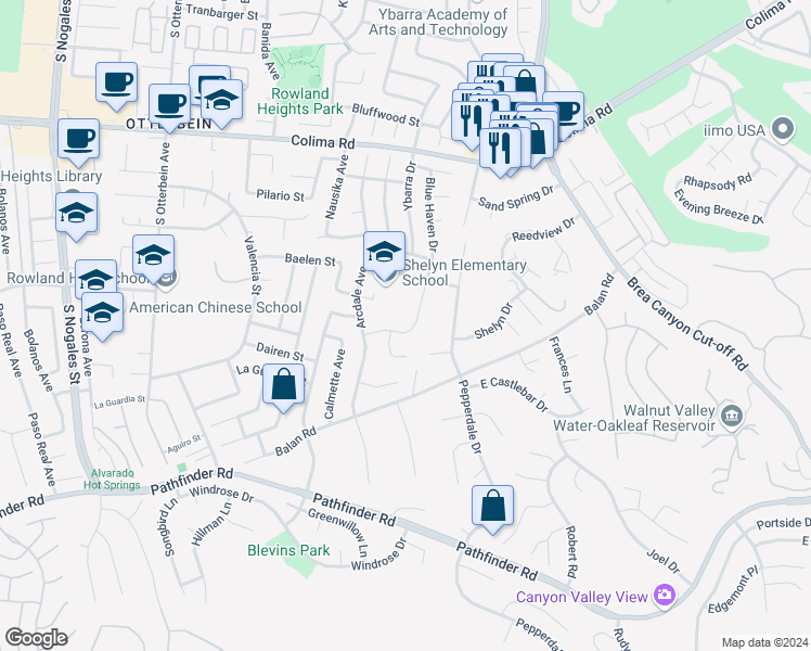 map of restaurants, bars, coffee shops, grocery stores, and more near 19555 Quicksilver Lane in Rowland Heights