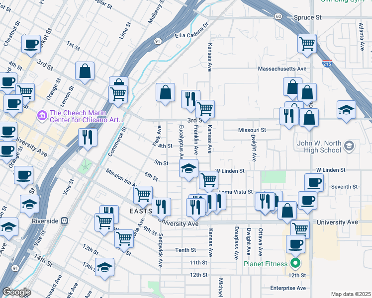 map of restaurants, bars, coffee shops, grocery stores, and more near 3409 Eucalyptus Avenue in Riverside