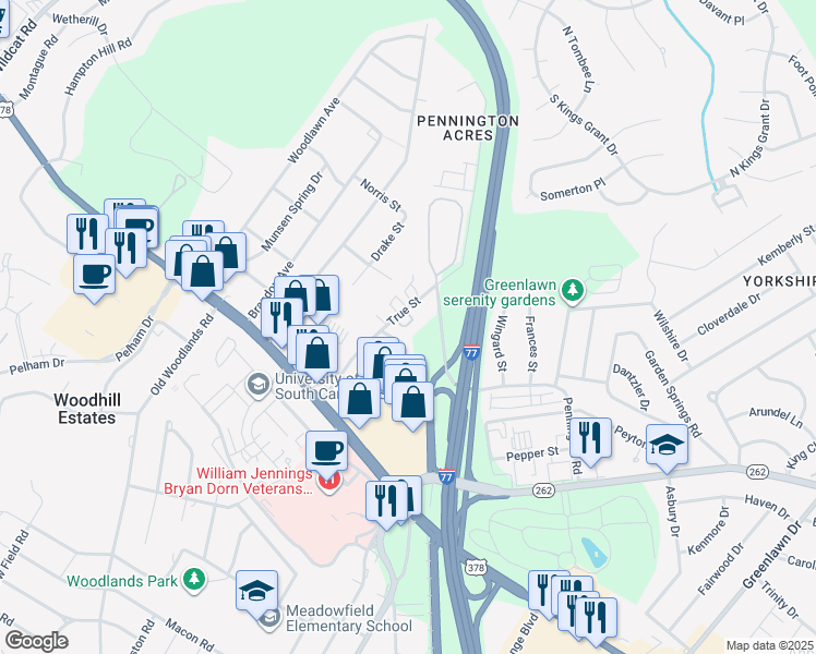 map of restaurants, bars, coffee shops, grocery stores, and more near 906 True Street in Columbia