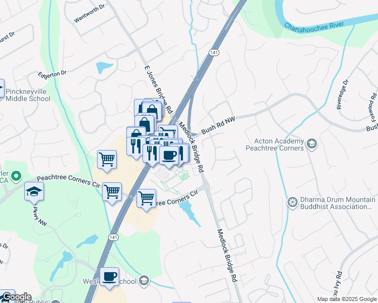 map of restaurants, bars, coffee shops, grocery stores, and more near 3795 Medlock Bridge Road in Norcross