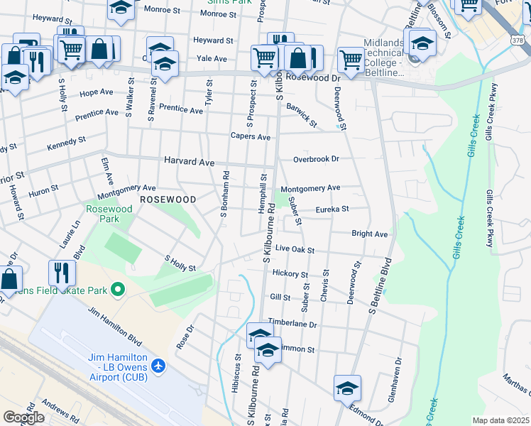 map of restaurants, bars, coffee shops, grocery stores, and more near 802 Hemphill Street in Columbia