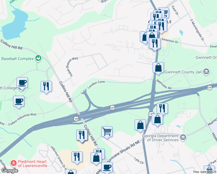 map of restaurants, bars, coffee shops, grocery stores, and more near 162 Lendon Lane in Lawrenceville
