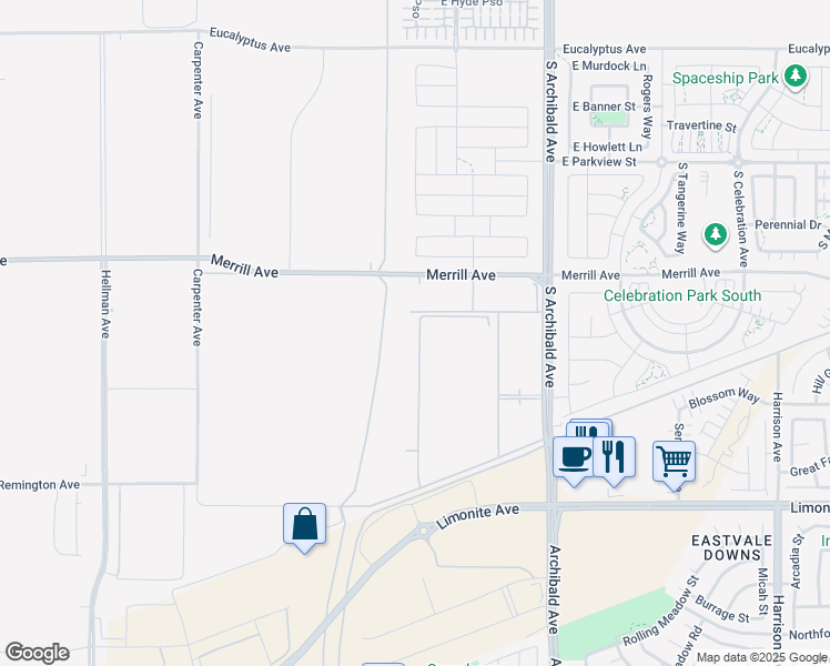 map of restaurants, bars, coffee shops, grocery stores, and more near 9507 Merrill Avenue in Ontario