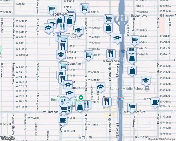 map of restaurants, bars, coffee shops, grocery stores, and more near 6414 South Hoover Street in Los Angeles