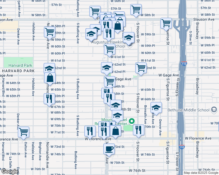 map of restaurants, bars, coffee shops, grocery stores, and more near 6400 South Vermont Avenue in Los Angeles