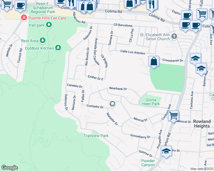 map of restaurants, bars, coffee shops, grocery stores, and more near 17775 Nearbank Drive in Rowland Heights