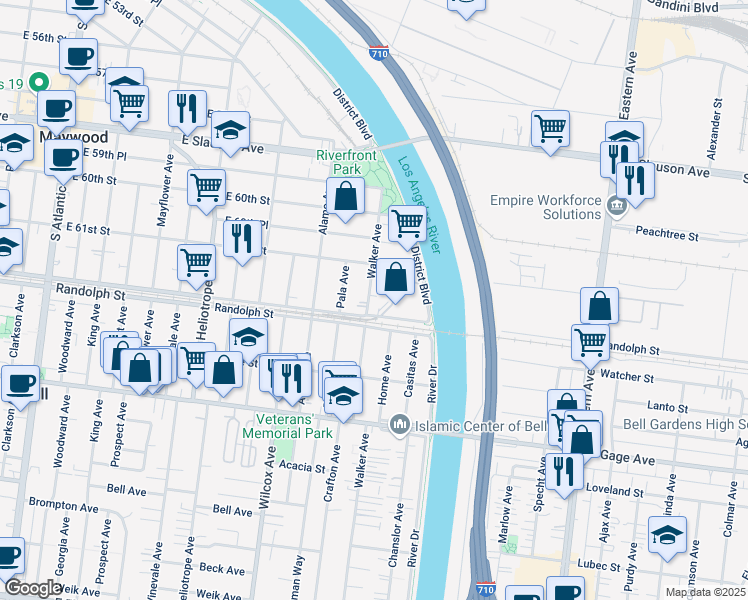 map of restaurants, bars, coffee shops, grocery stores, and more near 6131 Walker Avenue in Maywood