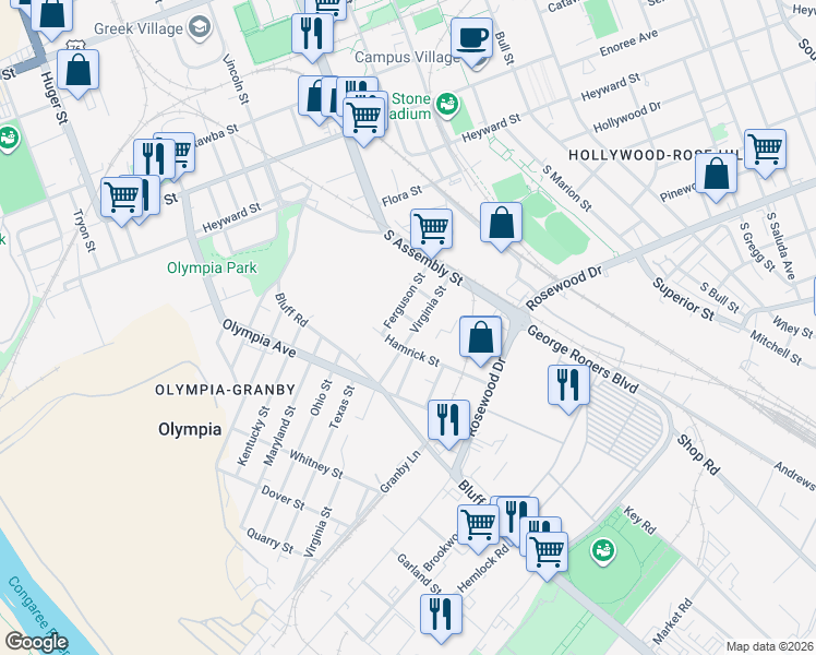 map of restaurants, bars, coffee shops, grocery stores, and more near 1157 Virginia Street in Columbia