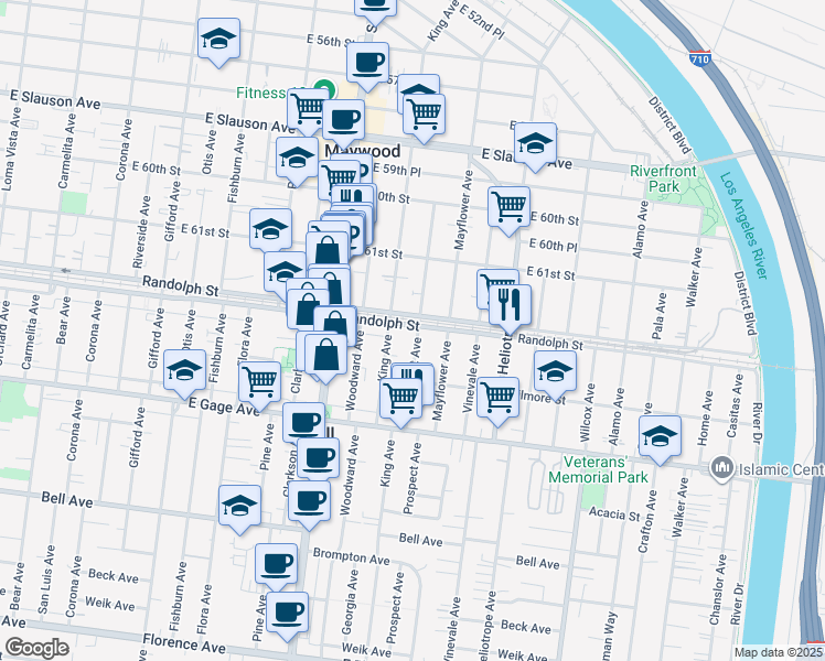 map of restaurants, bars, coffee shops, grocery stores, and more near 6203 Prospect Avenue in Bell