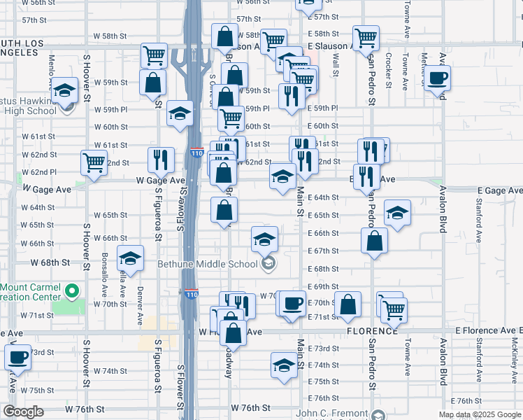map of restaurants, bars, coffee shops, grocery stores, and more near 205 West 65th Street in Los Angeles