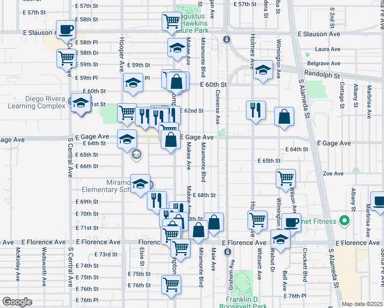 map of restaurants, bars, coffee shops, grocery stores, and more near 6424 Makee Avenue in Los Angeles