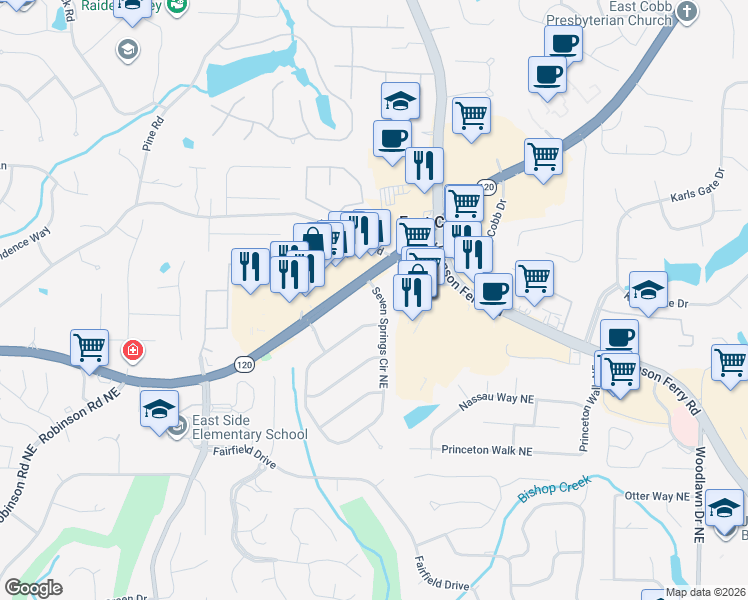 map of restaurants, bars, coffee shops, grocery stores, and more near 1295 Seven Springs Circle Northeast in Marietta