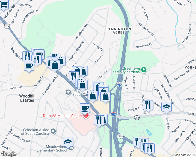 map of restaurants, bars, coffee shops, grocery stores, and more near 901 True Street in Columbia