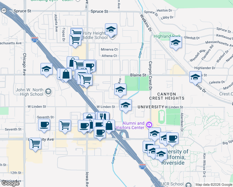 map of restaurants, bars, coffee shops, grocery stores, and more near 3429 Rustin Avenue in Riverside