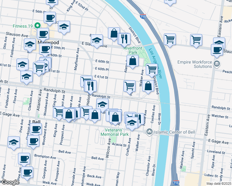 map of restaurants, bars, coffee shops, grocery stores, and more near 6152 Wilcox Avenue in Maywood