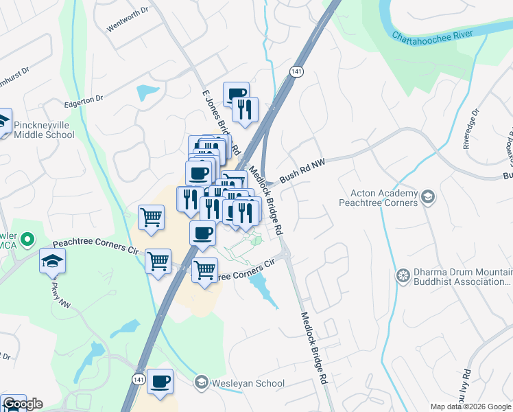 map of restaurants, bars, coffee shops, grocery stores, and more near 3795 Medlock Bridge Road in Norcross