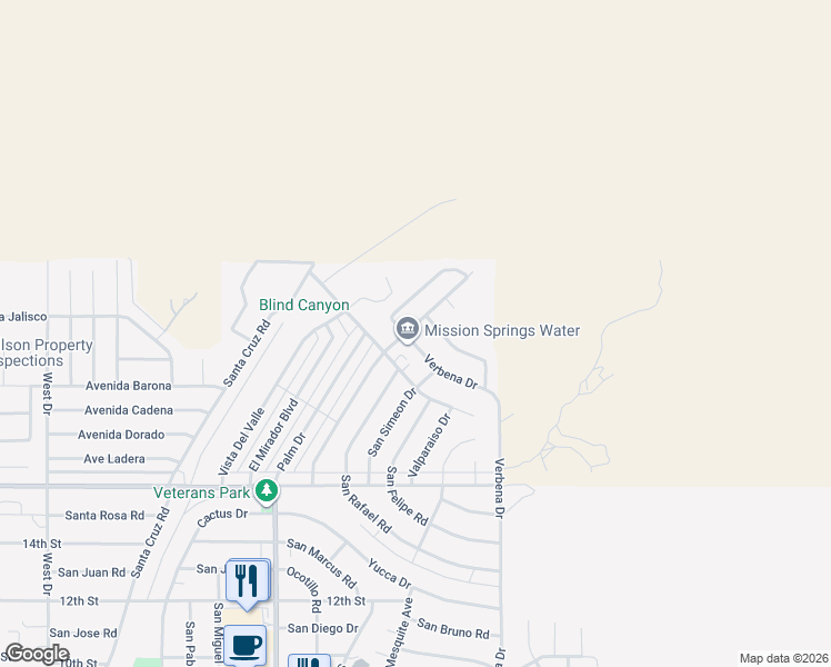 map of restaurants, bars, coffee shops, grocery stores, and more near 66802 Verbena Drive in Desert Hot Springs