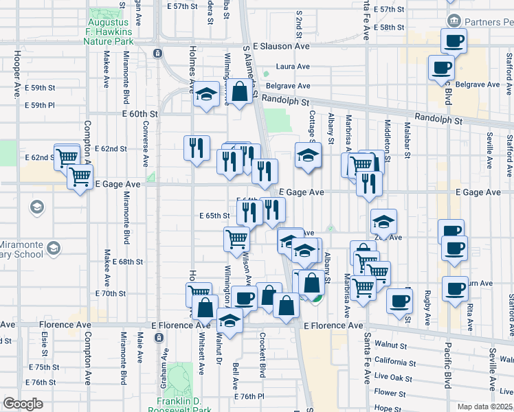 map of restaurants, bars, coffee shops, grocery stores, and more near 1922 East 64th Street in Los Angeles