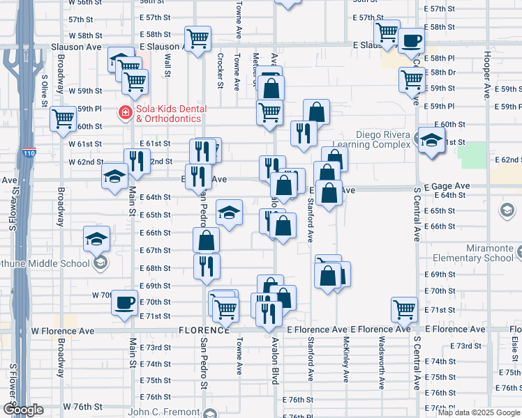 map of restaurants, bars, coffee shops, grocery stores, and more near 507 East 65th Street in Los Angeles