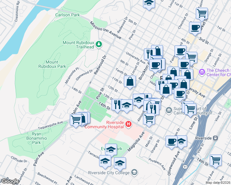 map of restaurants, bars, coffee shops, grocery stores, and more near 4264 12th Street in Riverside