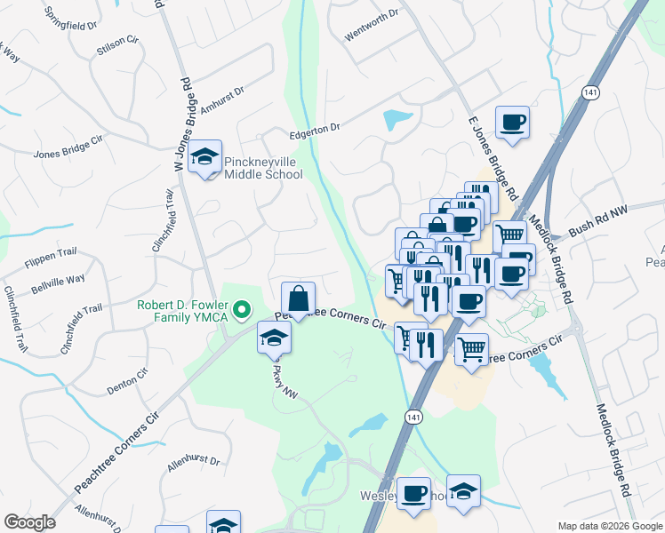 map of restaurants, bars, coffee shops, grocery stores, and more near 5315 Golden Leaf Trail in Norcross